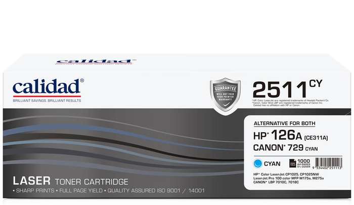 Calidad 2511-CY Cyan Toner alternative for HP 126A Cyan (CE311A); CANON CART 329C, CART 729C
