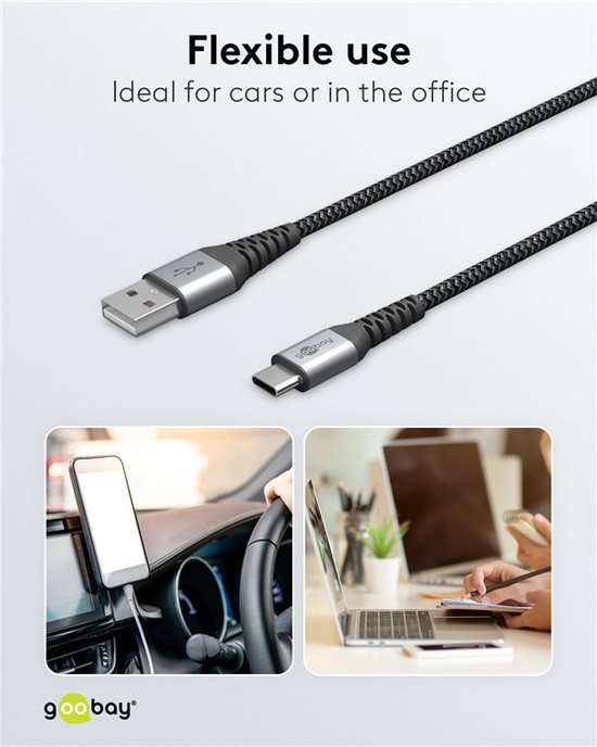 Goobay USB-C to USB-A Textile 1m Cable with Metal Plugs - Space Grey/Silver