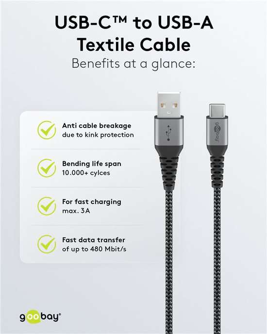 Goobay USB-C to USB-A Textile 2m Cable with Metal Plugs - Space Grey/Silver