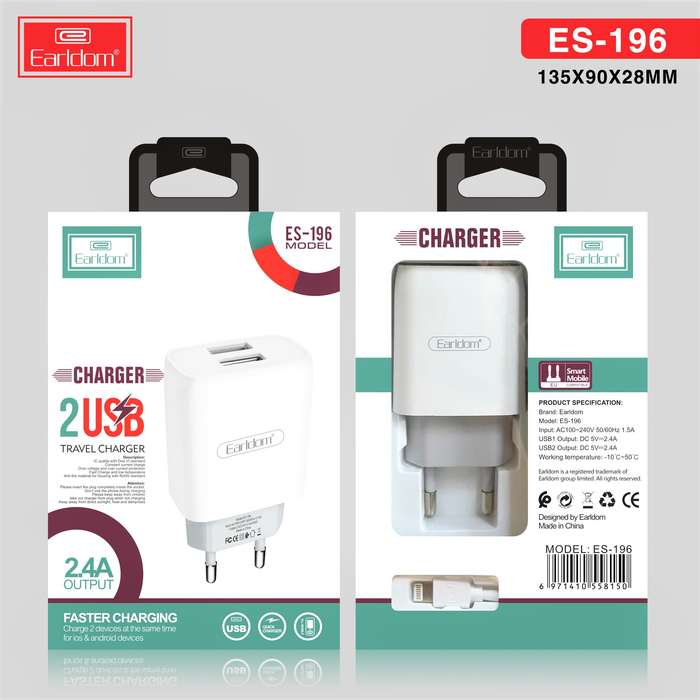 Earldom ES-196 2.1A 2USB Charger - Micro
