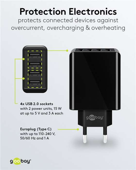 Goobay 30W 4-Port USB Charger - Black