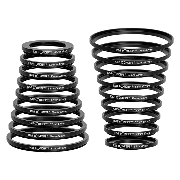 SKU0629 | K&F 18 Piece Step Up and Step Down Adapter Ring Set 37mm-82mm