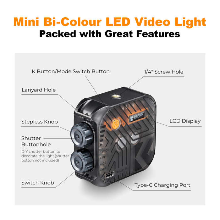 K&F Mini Bi-Colour LED Video Light with Built-in Battery (Black) | KF34.035