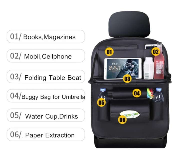 Car Seat Organiser with Folding Table  Black