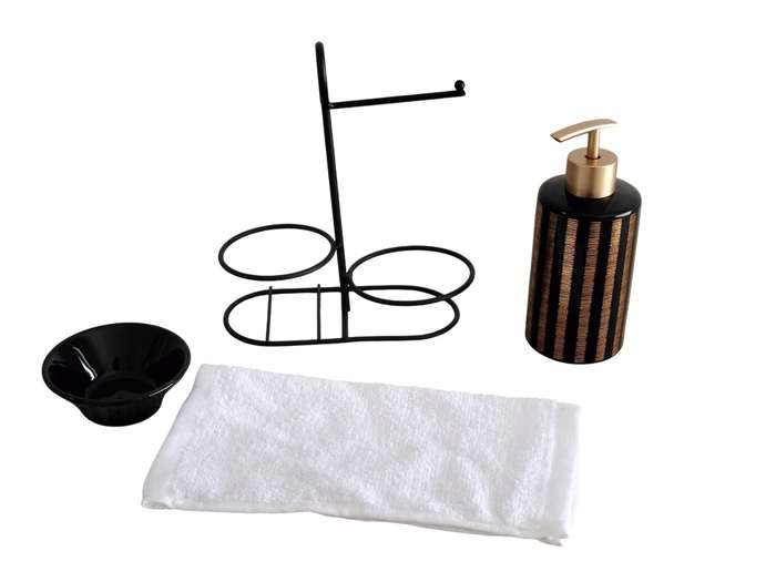 Bathroom Soap Dispenser with Stand and Hand towel - Black and Gold Stripes