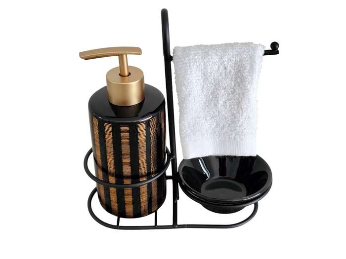 Bathroom Soap Dispenser with Stand and Hand towel - Black and Gold Stripes
