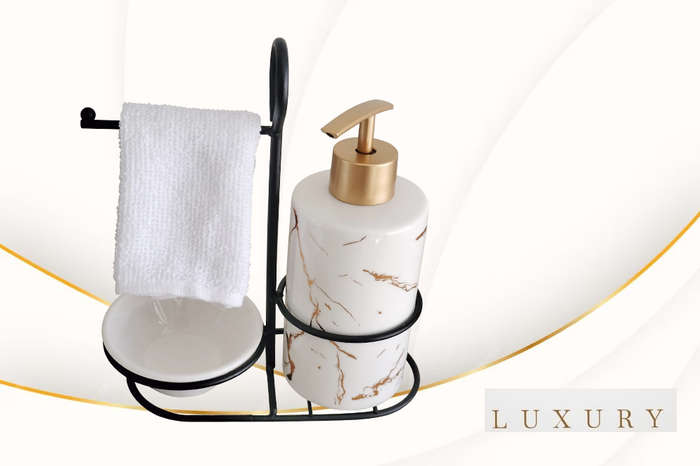 Bathroom Soap Dispenser with Stand and Hand Towel - Marble Design