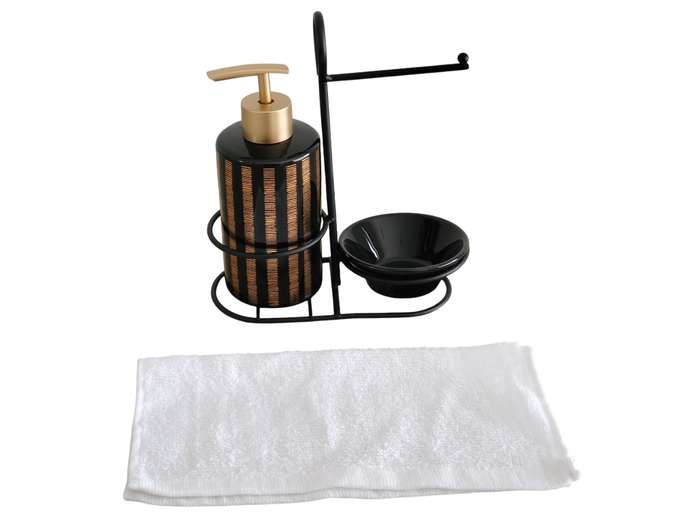 Bathroom Soap Dispenser with Stand and Hand towel - Black and Gold Stripes