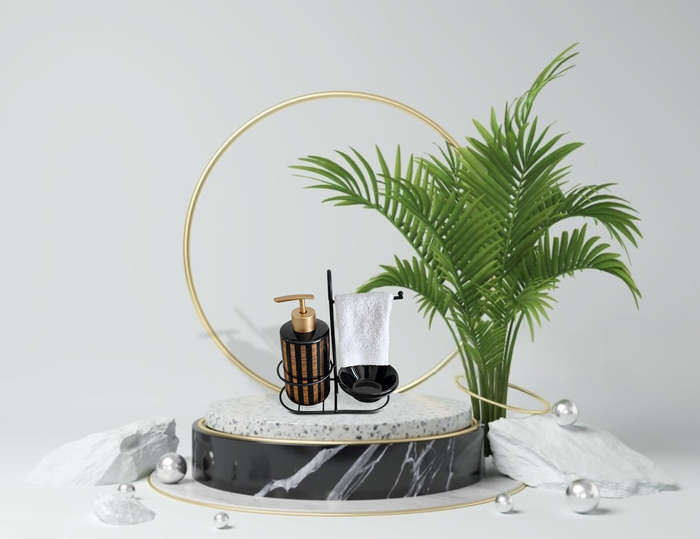 Bathroom Soap Dispenser with Stand and Hand towel - Black and Gold Stripes