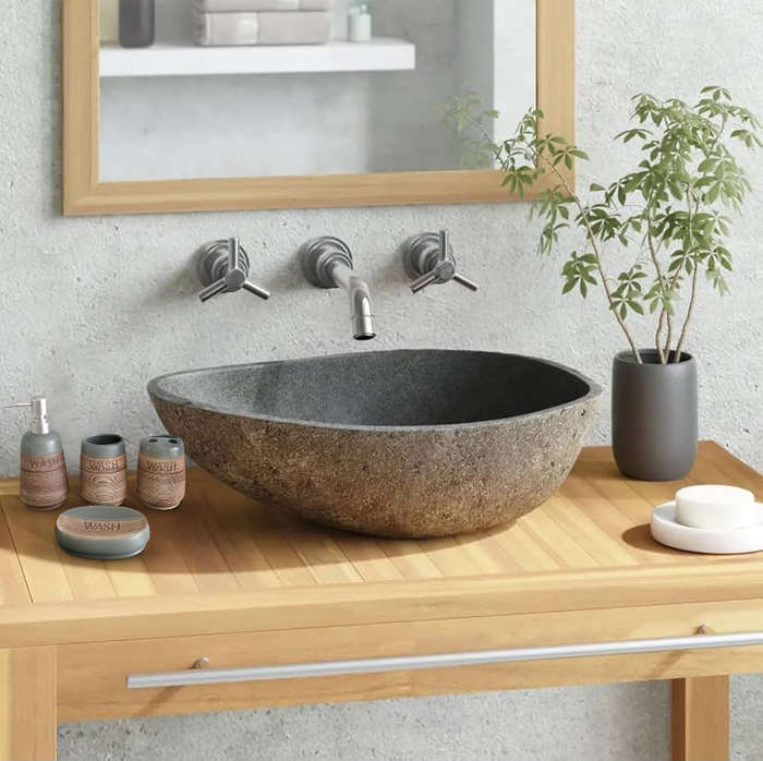 Ceramic Bathroom Accessory Set - Grey and Brown - Set of 4