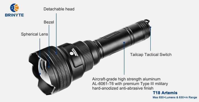 Brinyte T18 Artemis 650lm, 630m Rechargeable with 6 pills