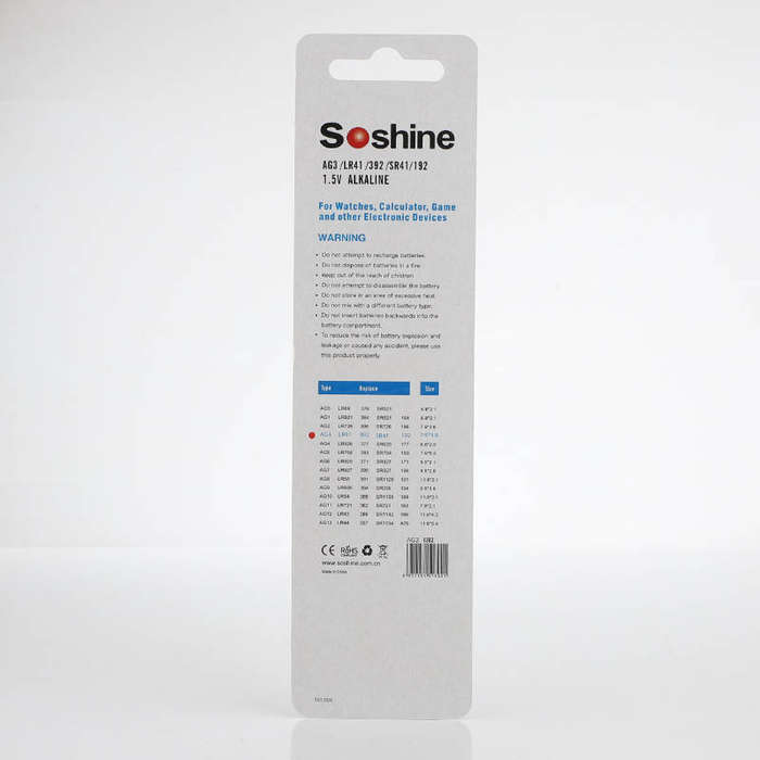 Soshine AG3 10 per Pack 1.5V Alkaline Button Cell Batteries
