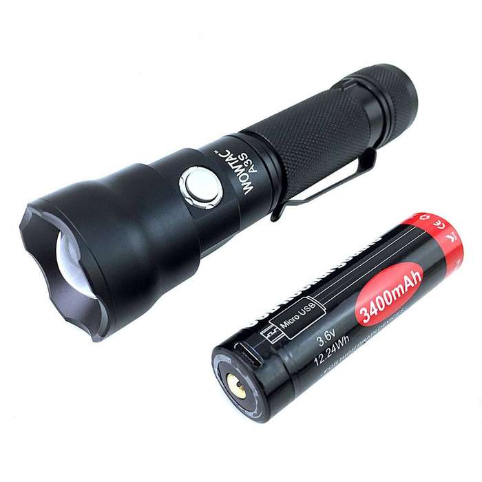 WOWtac A3S 1000 Lumen 277m Throw Rechargeable Zoomable LED Flashlight Black