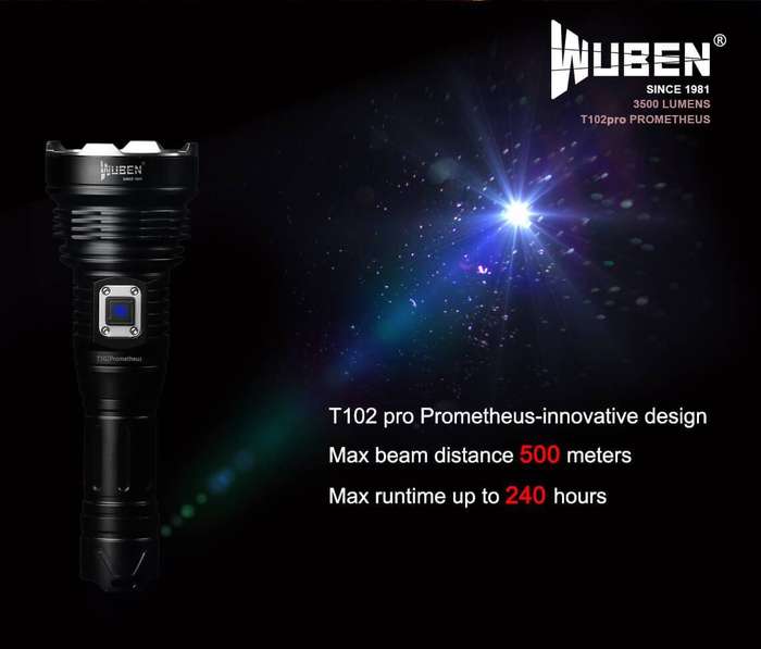 WUBEN T102 Pro 3500 Lumen 500m Throw Rechargeable Tactical Flashlight