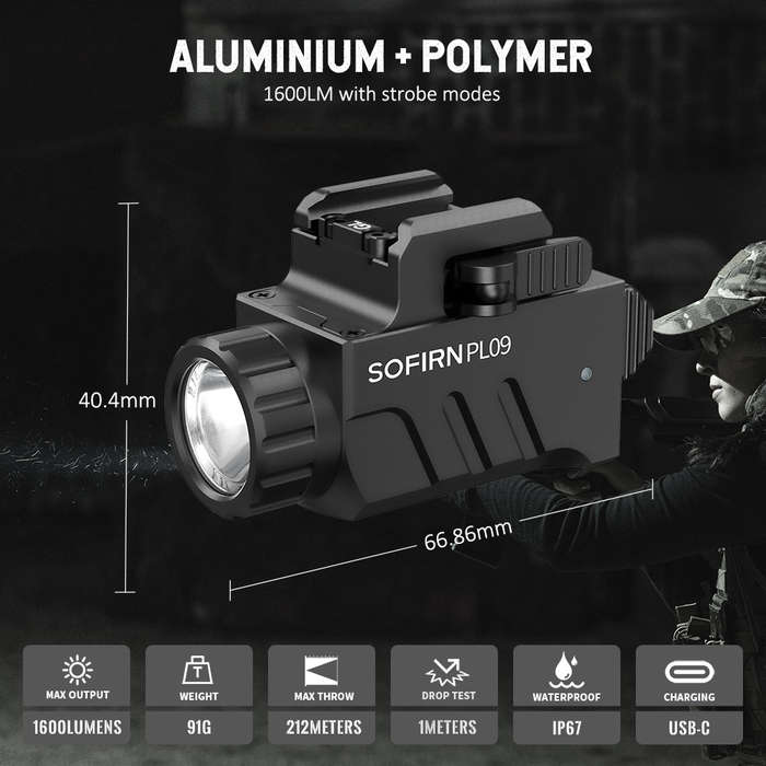 Sofirn PL09 1600 Lumen 212m Throw Rechargeable Pistol Light with Built-in Battery
