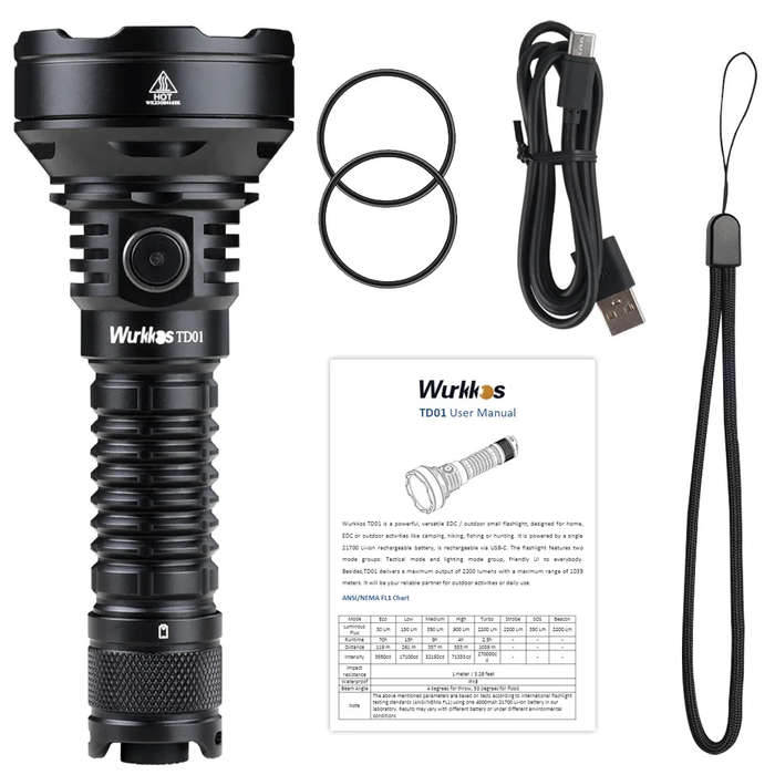 Wurkkos TD01 2200 Lumen 1039m Throw Rechargeable Tactical Flashlight with 21700 Battery
