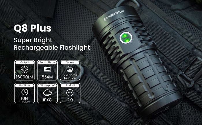 Sofirn Q8 Plus 16000 Lumen 554m Throw Rechargeable Flashlight with 3x 21700 Batteries