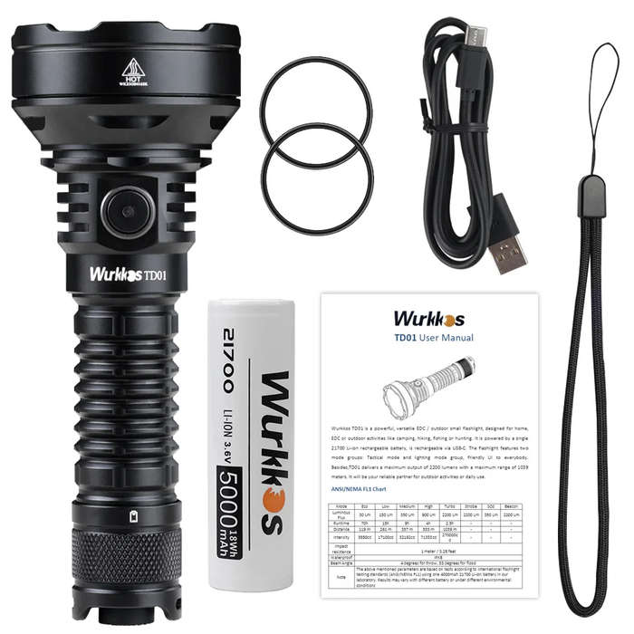 Wurkkos TD01 2200 Lumen 1039m Throw Rechargeable Tactical Flashlight with 21700 Battery