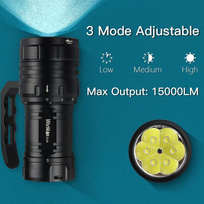 Wurkkos DL06 15000 Lumen 555m Throw Rechargeable Diving Flashlight with 3x 21700 Batteries