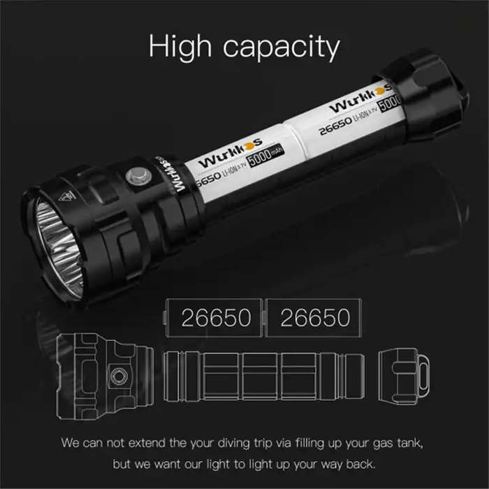 Wurkkos DL70 13000 Lumen 505m Throw Rechargeable Diving Flashlight with 2x 26650