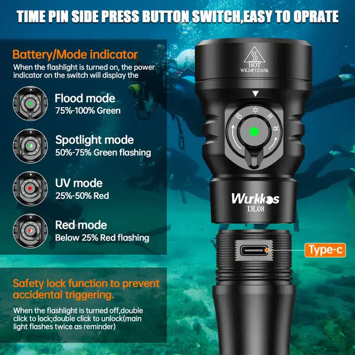 Wurkkos DL08 3600 Lumen 274m Throw Rechargeable Diving Flashlight with 21700 Battery