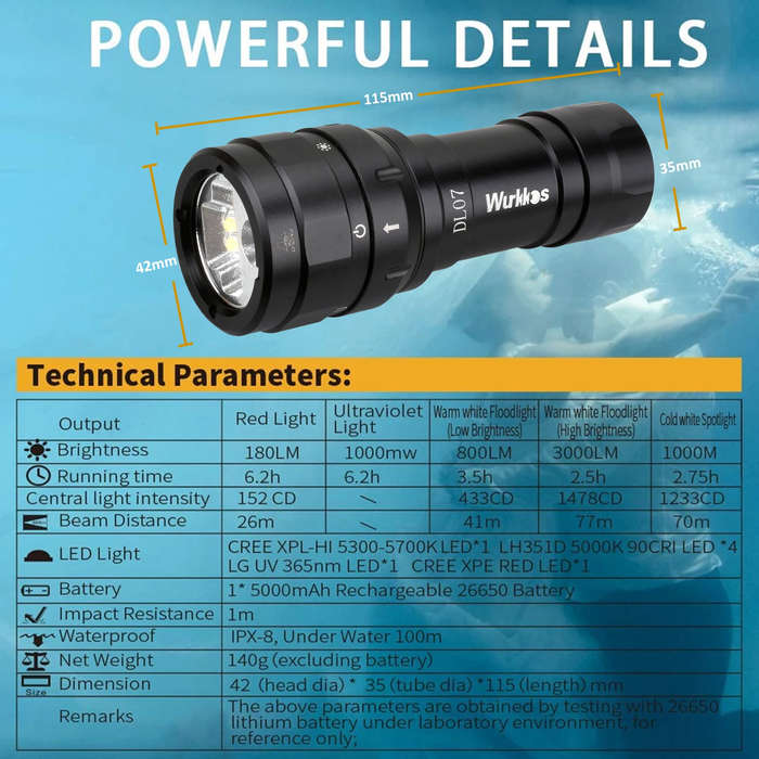 Wurkkos DL07 4180 Lumen +1000mW UV 77m Throw Rechargeable Diving Flashlight with 26650
