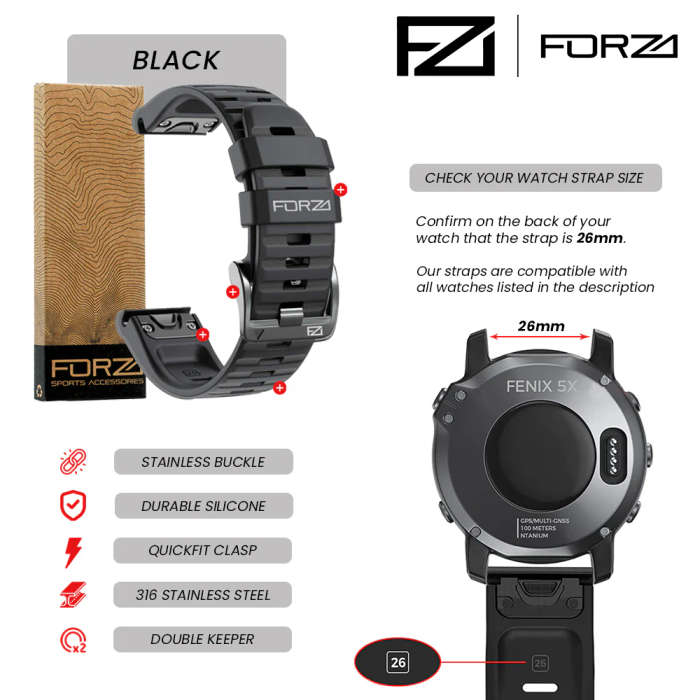 FORZA - ELITE | 26mm EasyFit Watch Strap for Garmin (Black)