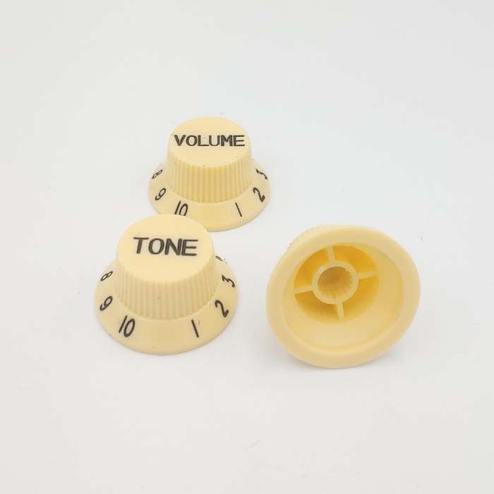 Ivory with Black Writing Strat style replacement knob set - 1 Volume, 2 tone