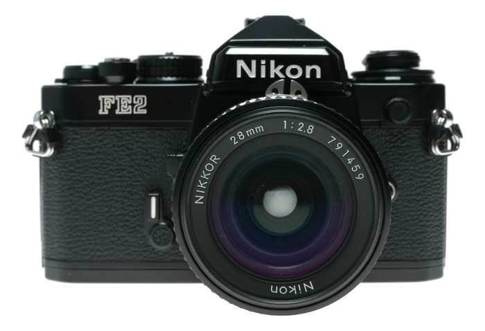 Nikon FM2 SLR Black Film Camera 1:2.8/28 Nikkor 1:2.5/105 Lenses Caps