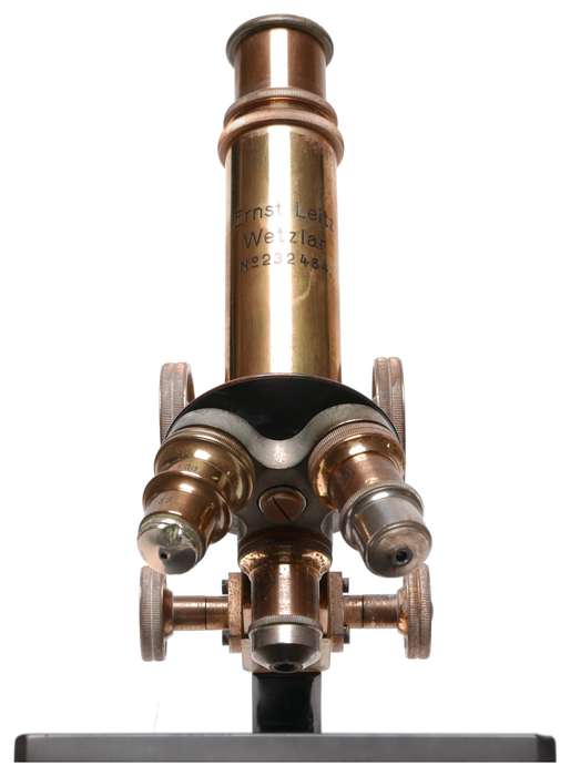 Brass monocular microscope E.Leitz Wetzlar Germany 3 objective lenses