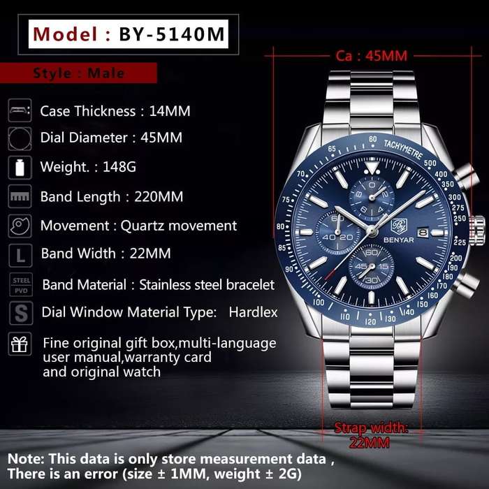 Benyar 5140 Mens Stainless Steel Watch - Silver