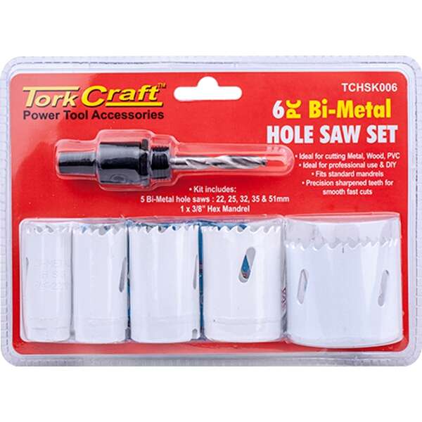 Tork Craft Hole Saw Set 6Pce Bi-Metal (22/25/32/35/51mm &amp; 3/8 Hex Mandrel)