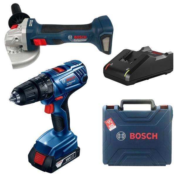 BOSCH - Impact Drill, Cordless Angle Grinder, 2.0Ah Batt, Charger &amp; Case