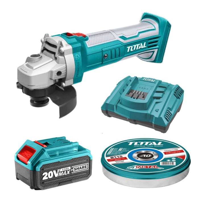 Total Tools - Cordless Angle Grinder, Battery, Charger &amp; 10pc Cutting Disks