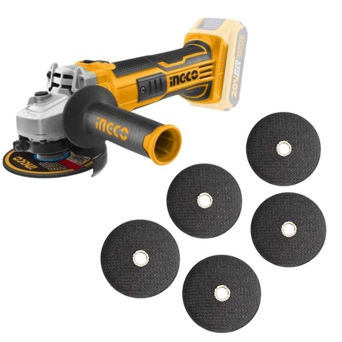 Ingco - Lithium-Ion Angle Grinder and Generic Cutting Discs x5