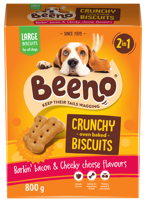 Beeno - Large Breed Traditional Crunchy Biscuit Treats Bacon &amp; Cheese 800g