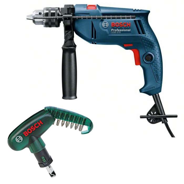 Bosch - Impact Drill (GSB 570) with 10 Piece Pocket Screwdriver Bit Set