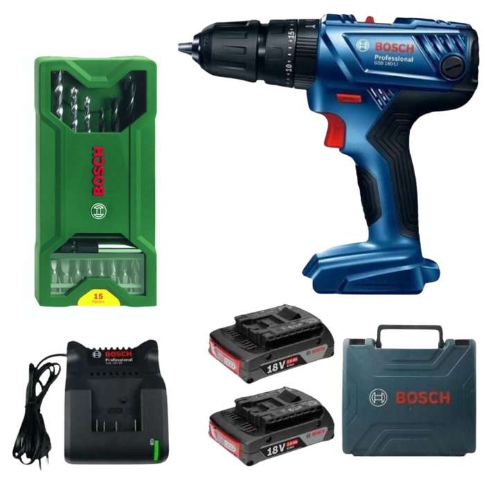 Bosch - Impact Drill Kit (GSB-180-LI) With 15 Piece Mini-X-Line Mixed Bit Set