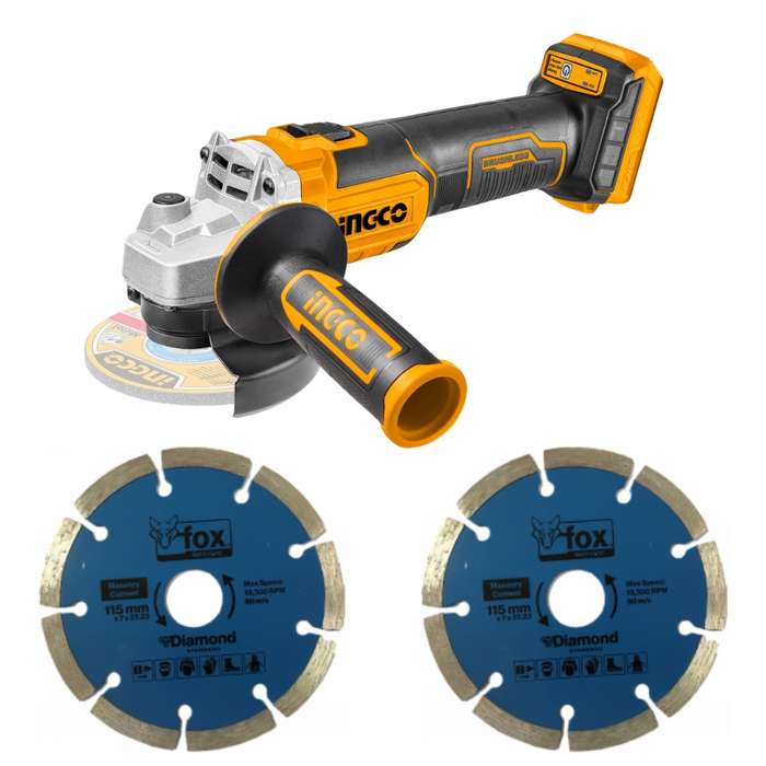 Ingco - Cordless Angle Grinder (20V) including 2x Diamond Blades