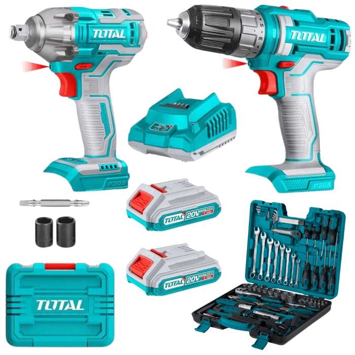 Total - Li-ion Cordless Drill &amp; Impact Wrench with DIY Hand Tool Set - 90Pc