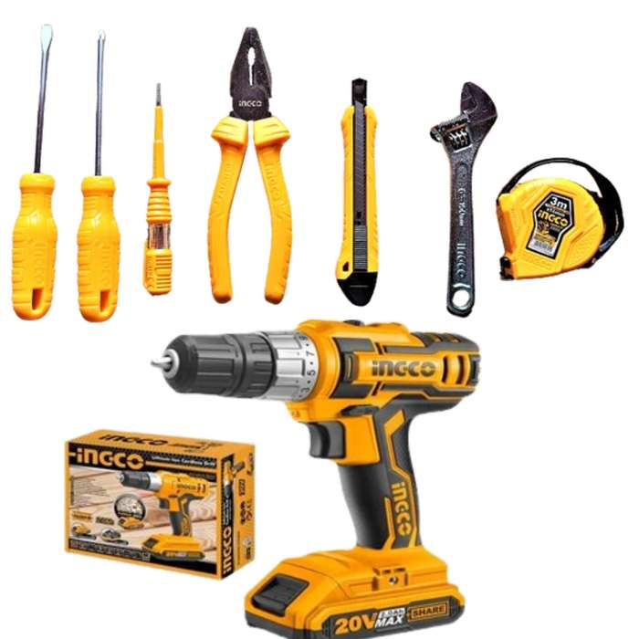 Ingco - Lithium-Ion Cordless Drill (20V) &amp; Hand Tool Set - 7 Piece - Combo