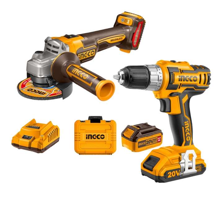 Ingco - Lithium-Ion Angle Grinder (20V) &amp; Cordless Drill - Combo
