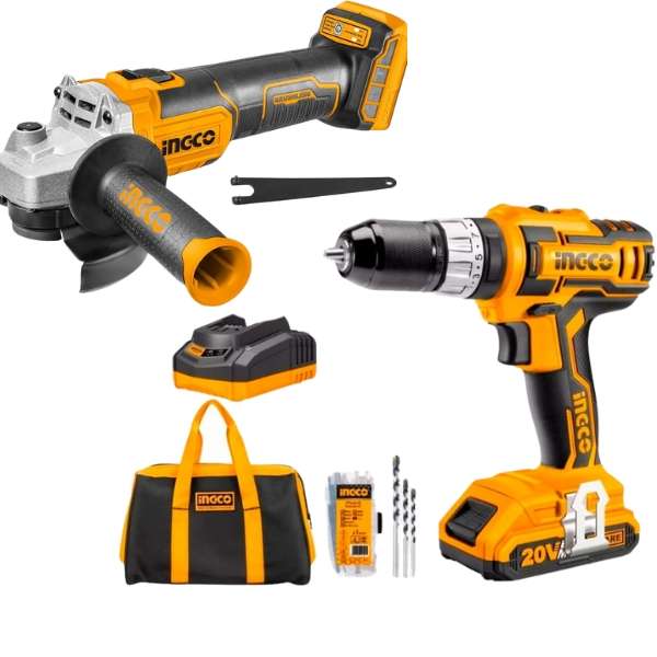 Ingco - Cordless Drill and Grinder with 2.0 Battery, Charger &amp; Tool Bag