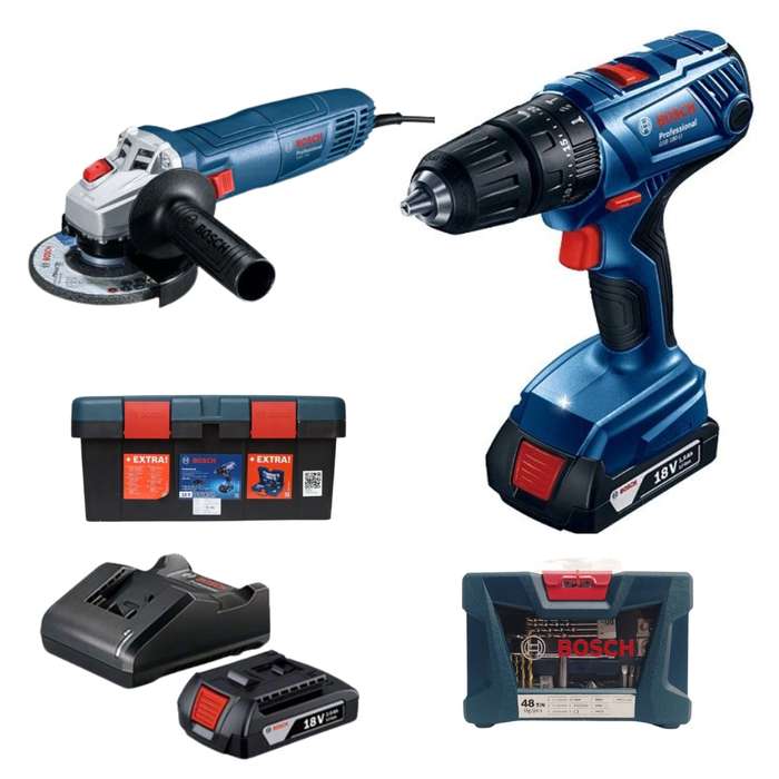 Bosch - Impact Drill Kit (GSB 180-LI) and Angle Grinder (GWS 700) with 41Pc