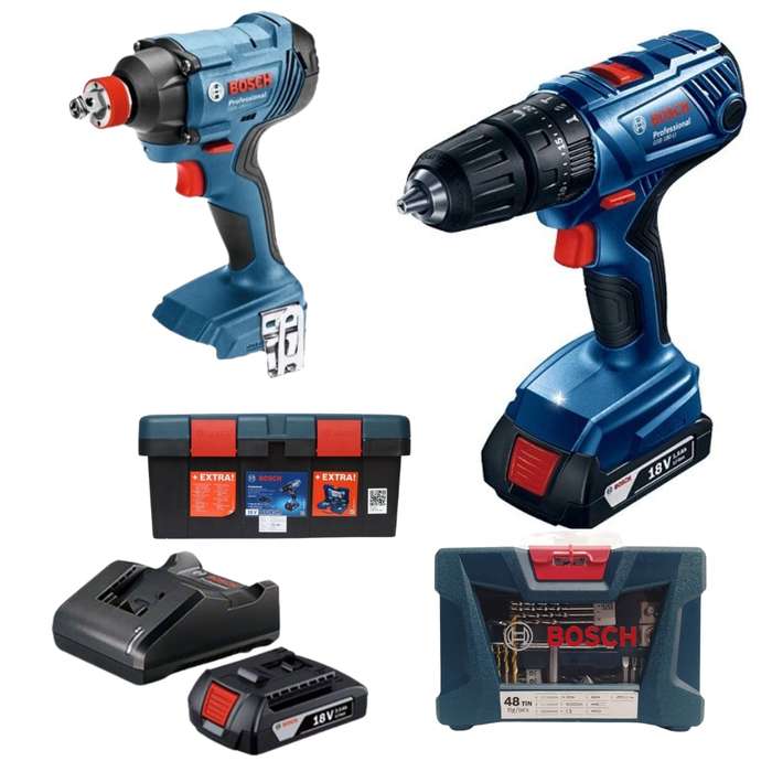 Bosch Impact Drill Kit (GSB180-LI) &amp; Cordless Wrench (GDX180-LI) with 41Pc