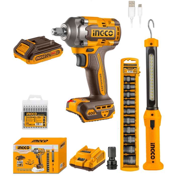 Ingco - Impact Wrench 400Nm with Work Lamp 2 x 2Ah Battery and Charger
