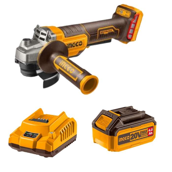 Ingco - Li-Ion Cordless Angle Grinder (20V) with 4.0 Ah Battery &amp; Charger