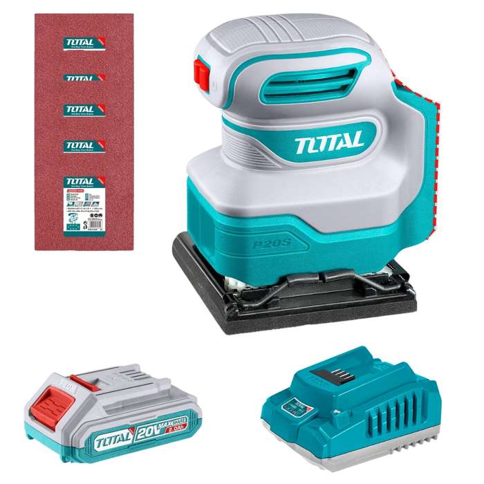 Total - Cordless Sheet Sander with 2.0Ah Battery, Charger &amp; 5-Piece Sheets
