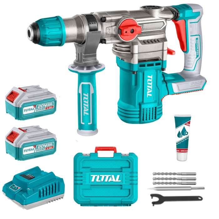 Total - 20V Lithium-Ion Rotary Hammer 28mm with 2 x 4Ah Battery &amp; Charger