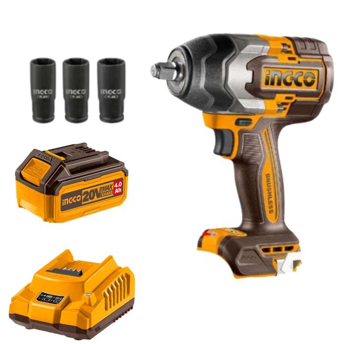 Ingco - Li-Ion Impact Wrench (20V) - 850Nm with 4Ah Battery &amp; Charger